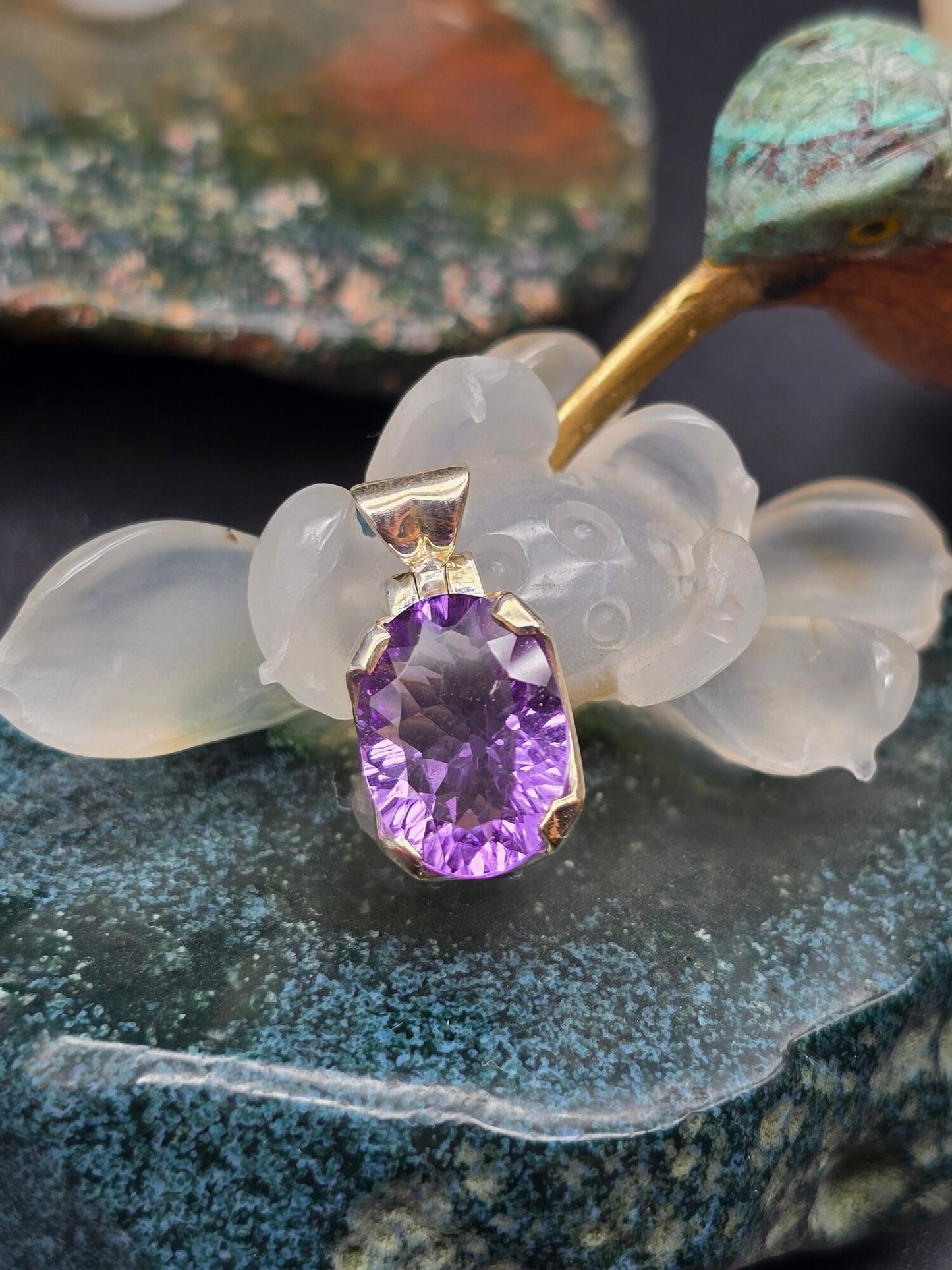 Concave Faceted Amethyst Pendant - detail shot