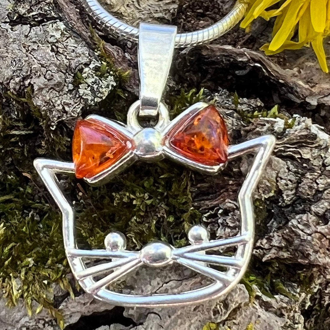 Amber Cat with Bow Pendant
