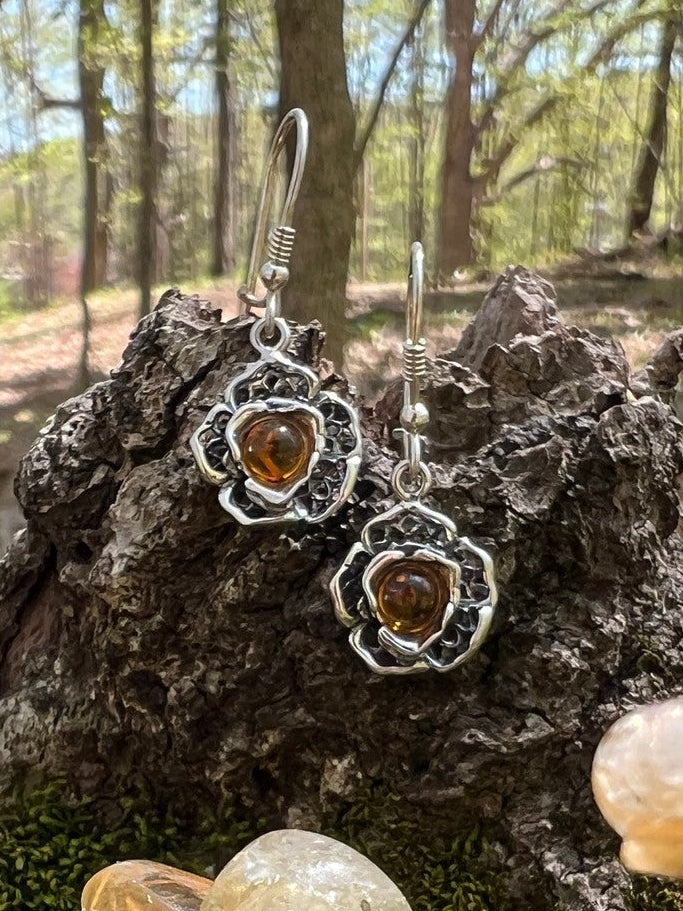Amber Flower Hook Earrings
