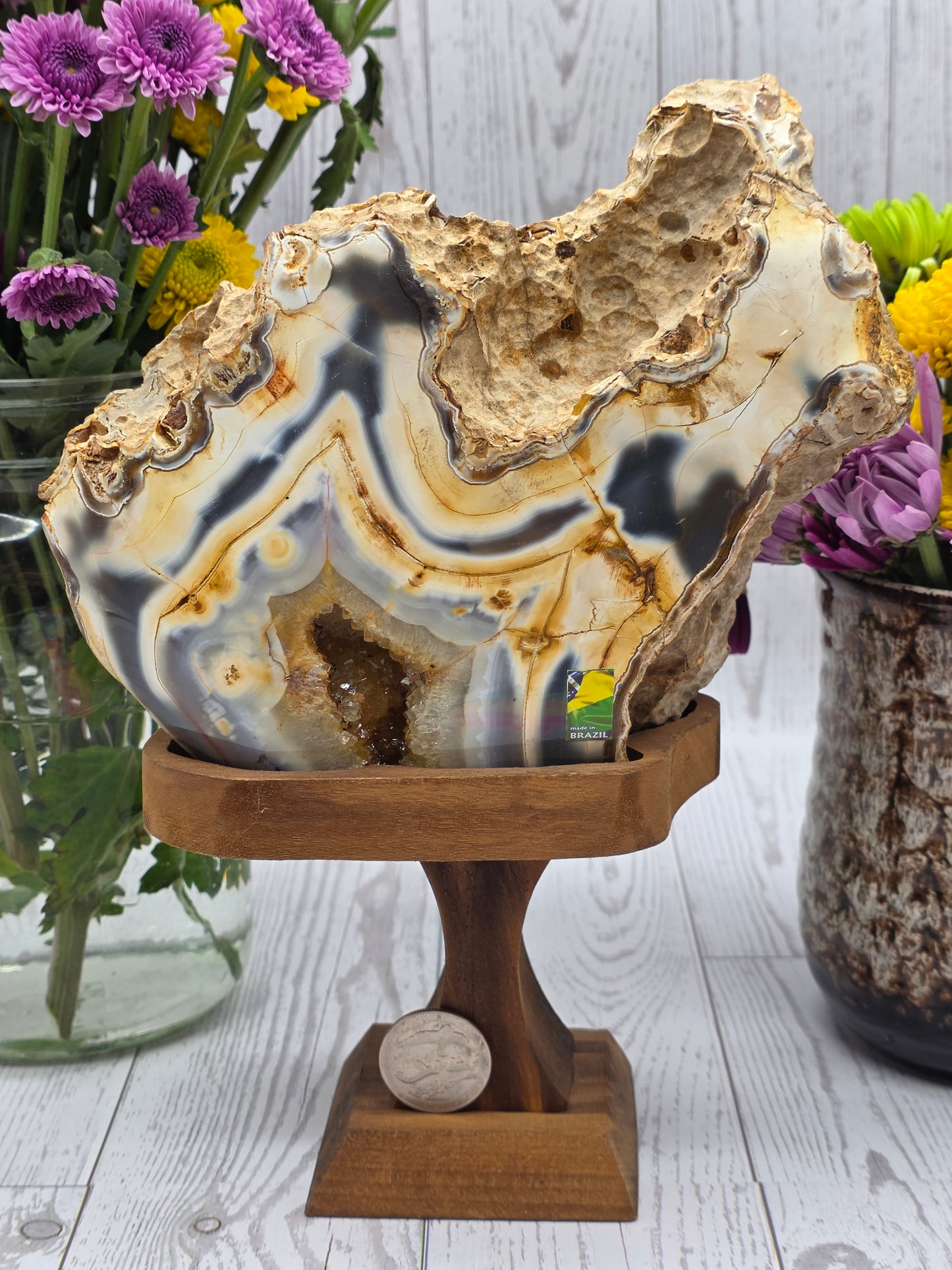 Agate Geode with Druzy on Handmade Wood Stand