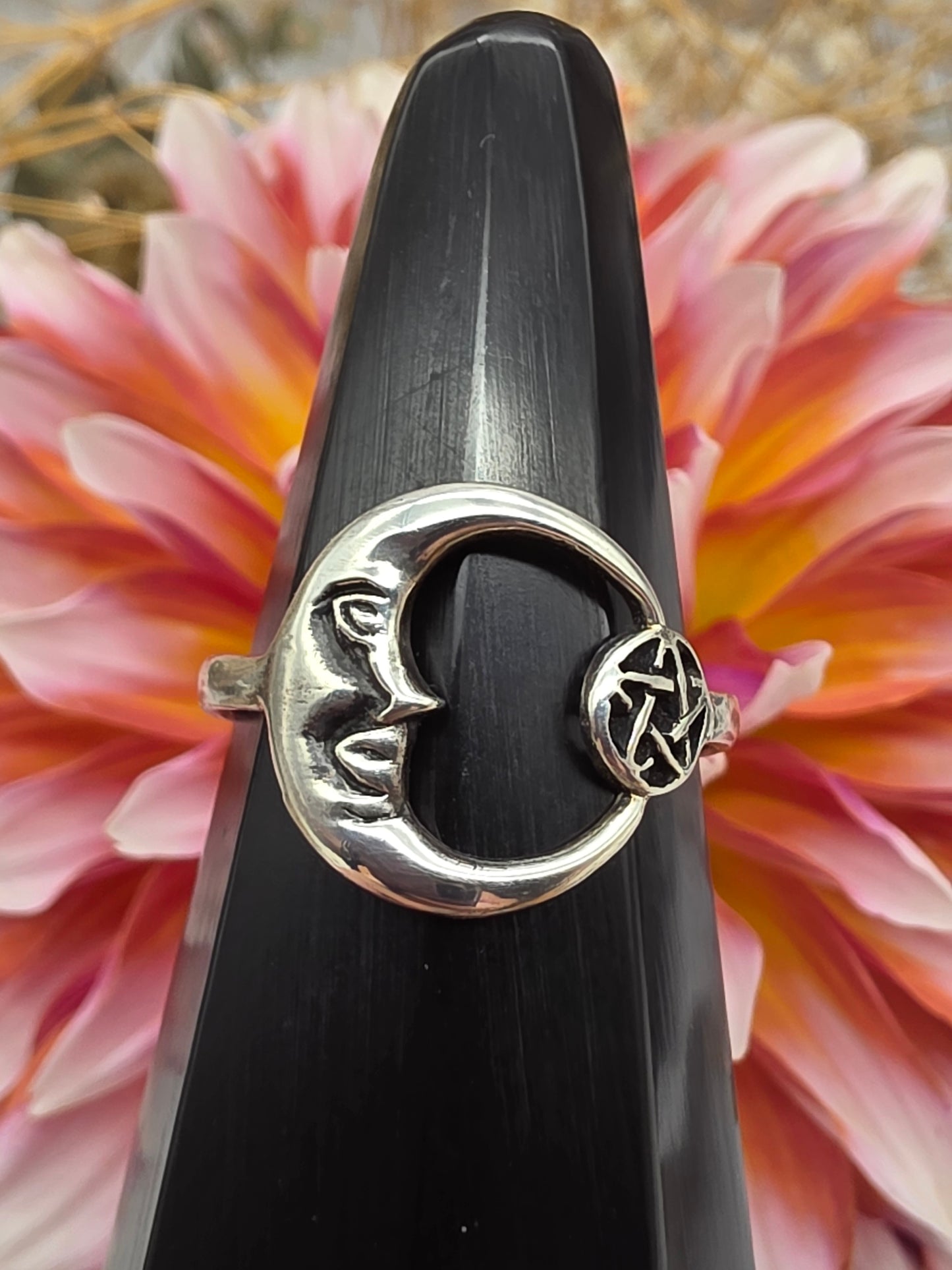 Silver Moon and Pentagram Ring