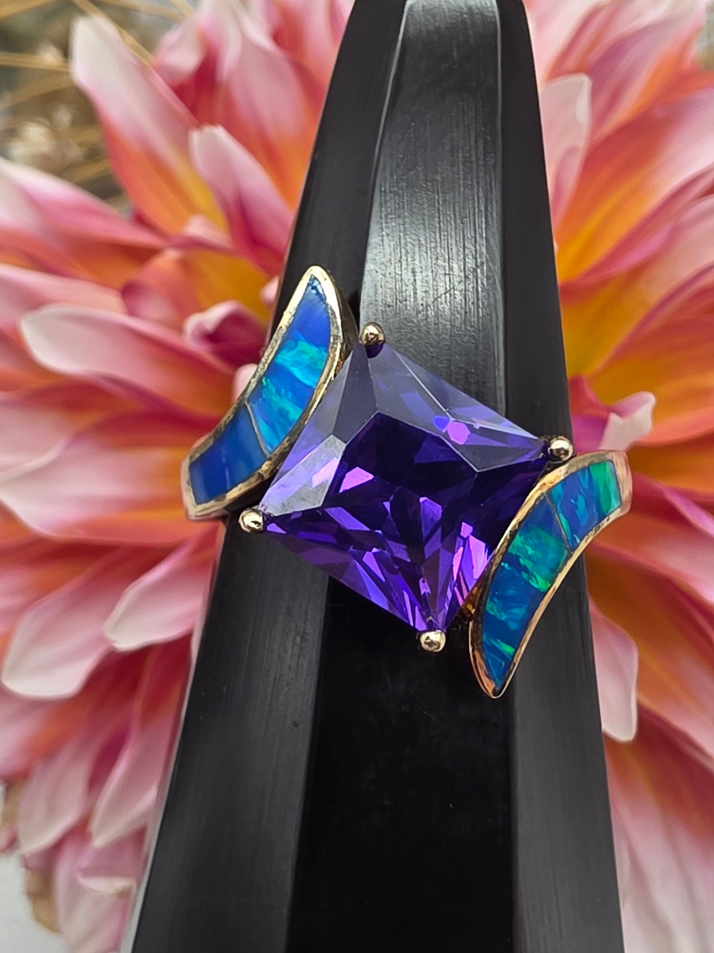 Gold Amethyst Blue Opal Ring