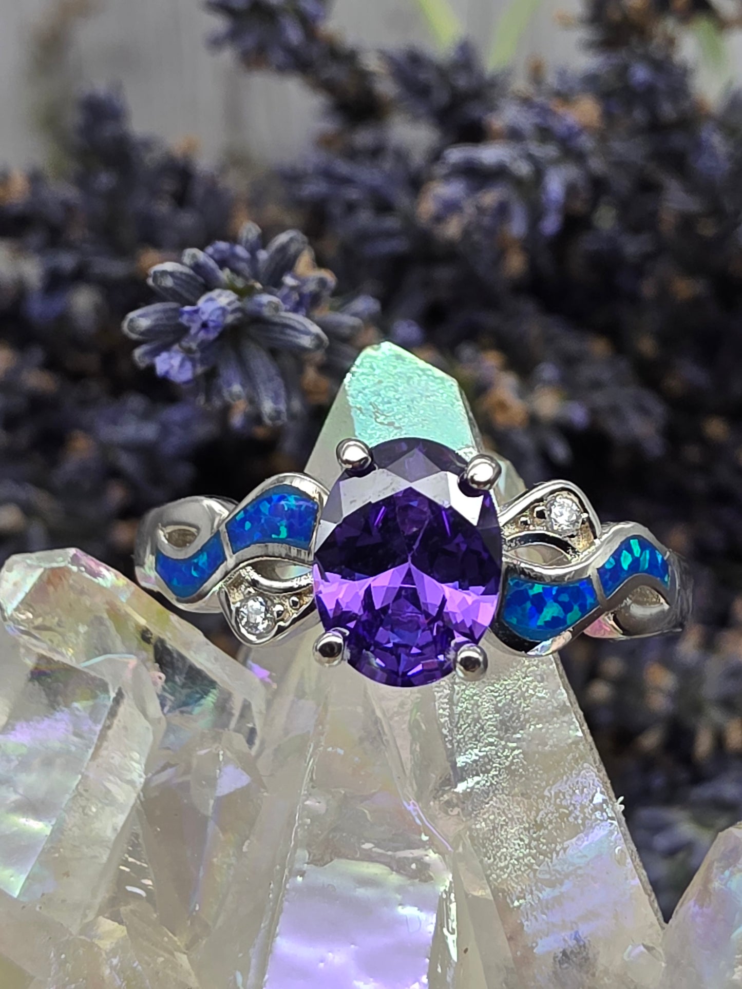 Amethyst Blue Opal Cubic Zirconia Silver Ring