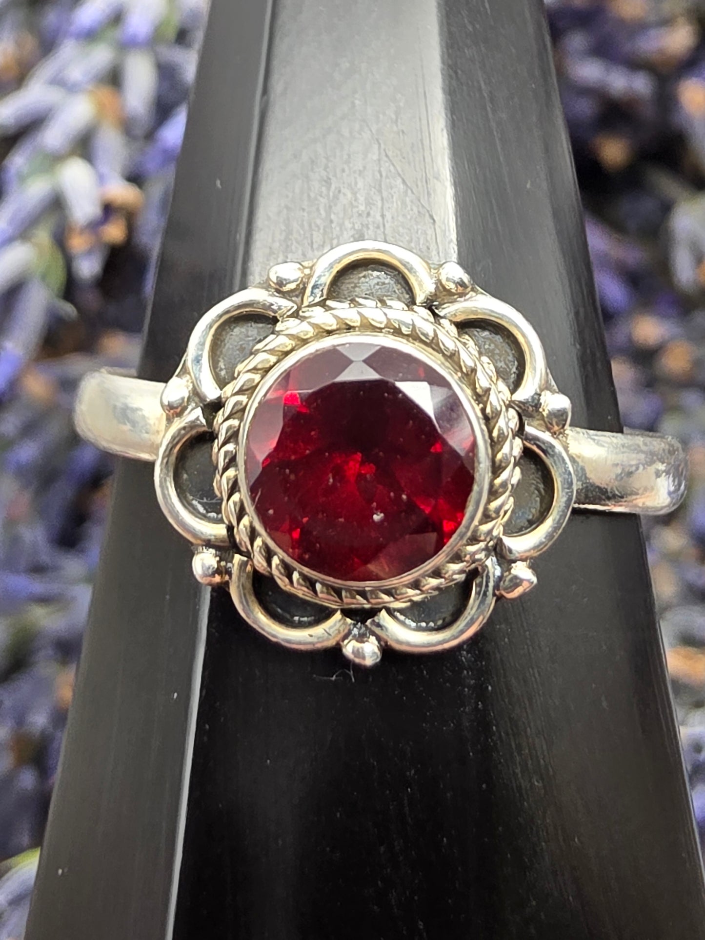 Faceted Garnet Flower Ring