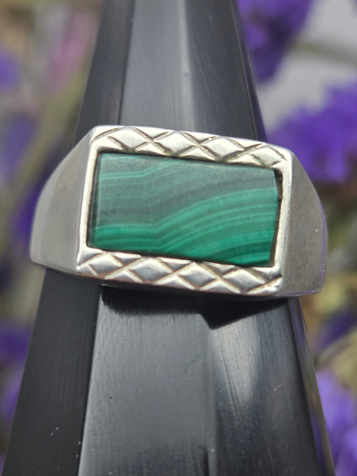 Malachite silver ring with green stone set in silver band