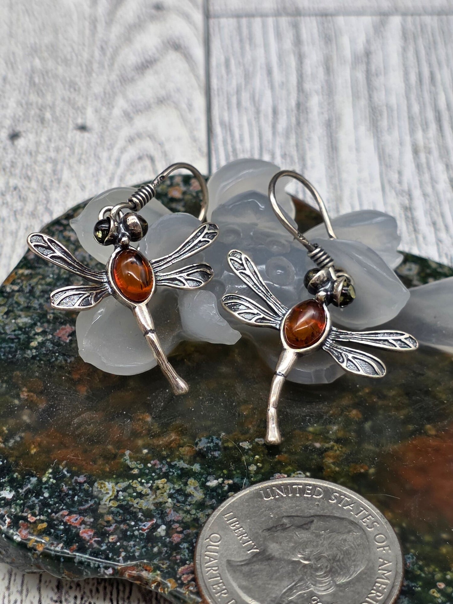 Amber Dragonfly Hook Earrings - alternate view