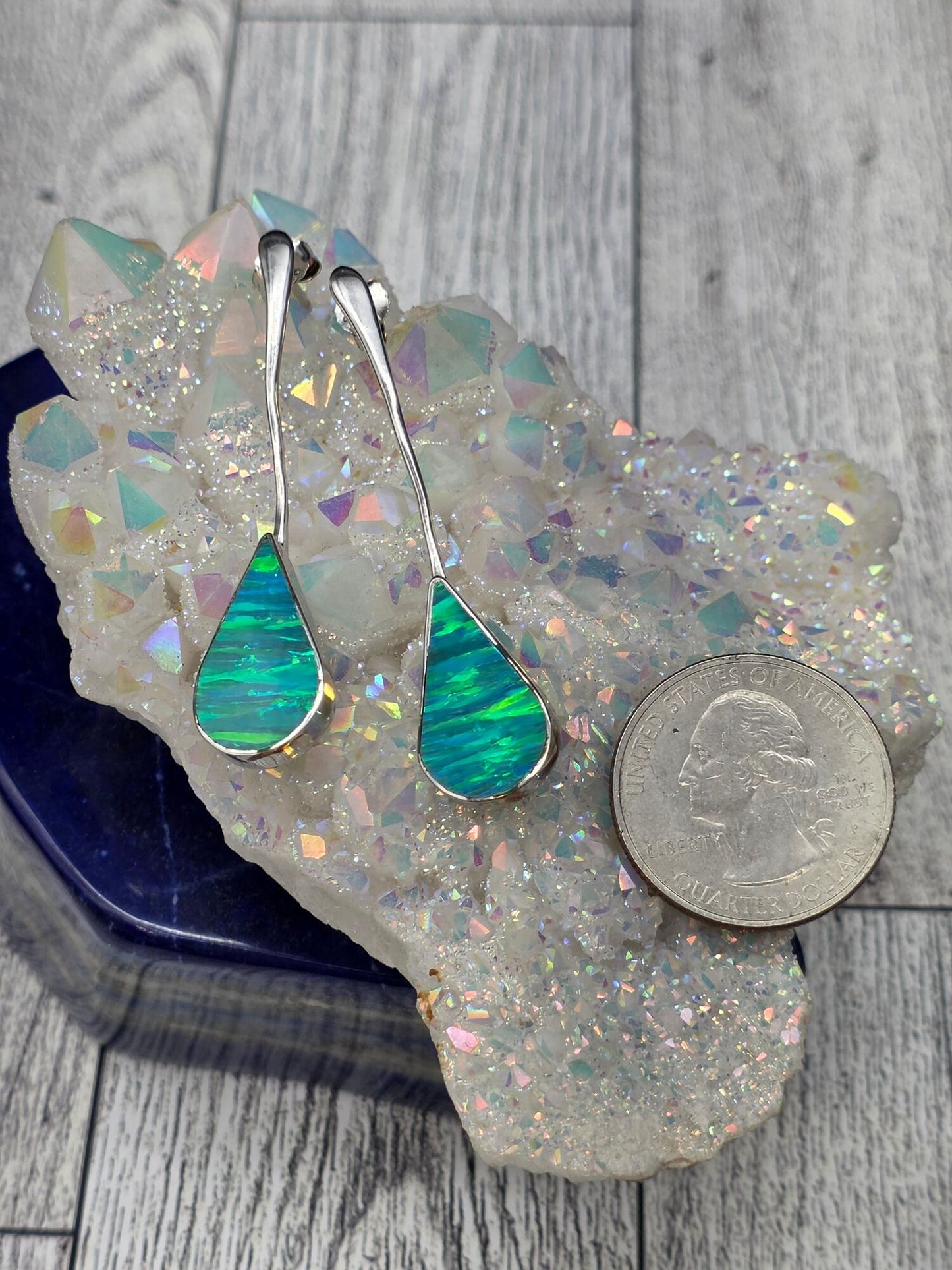 Green Opal Tear Drop Post Dangle Earrings - alternate view