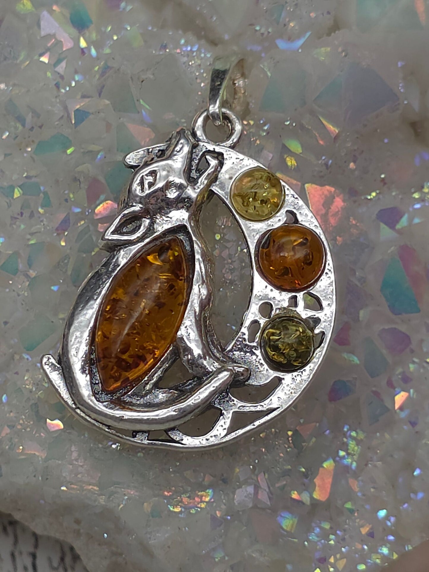 Amber Wolf on the Moon Pendant