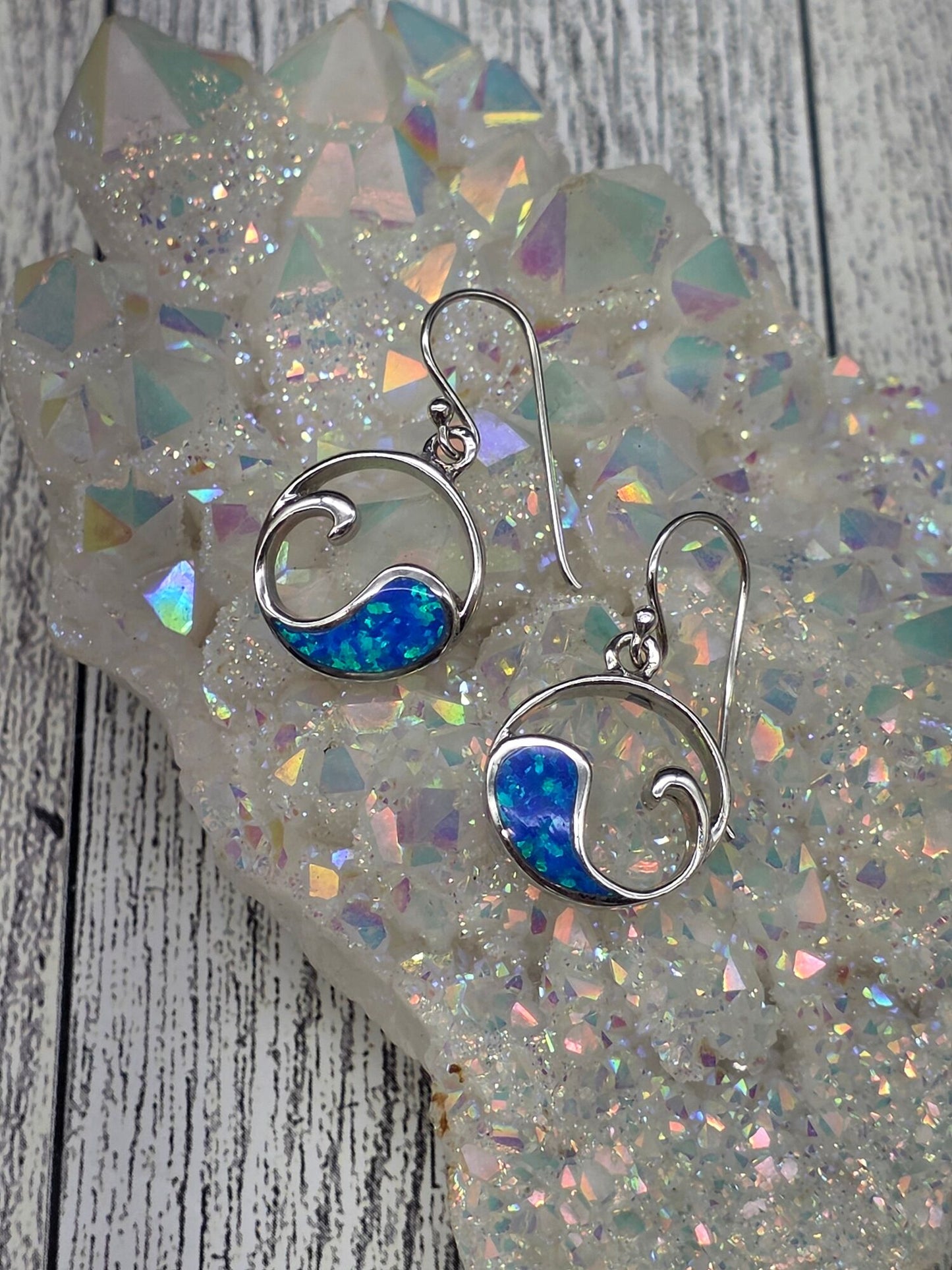 Blue Opal Ocean Wave Hook Earrings
