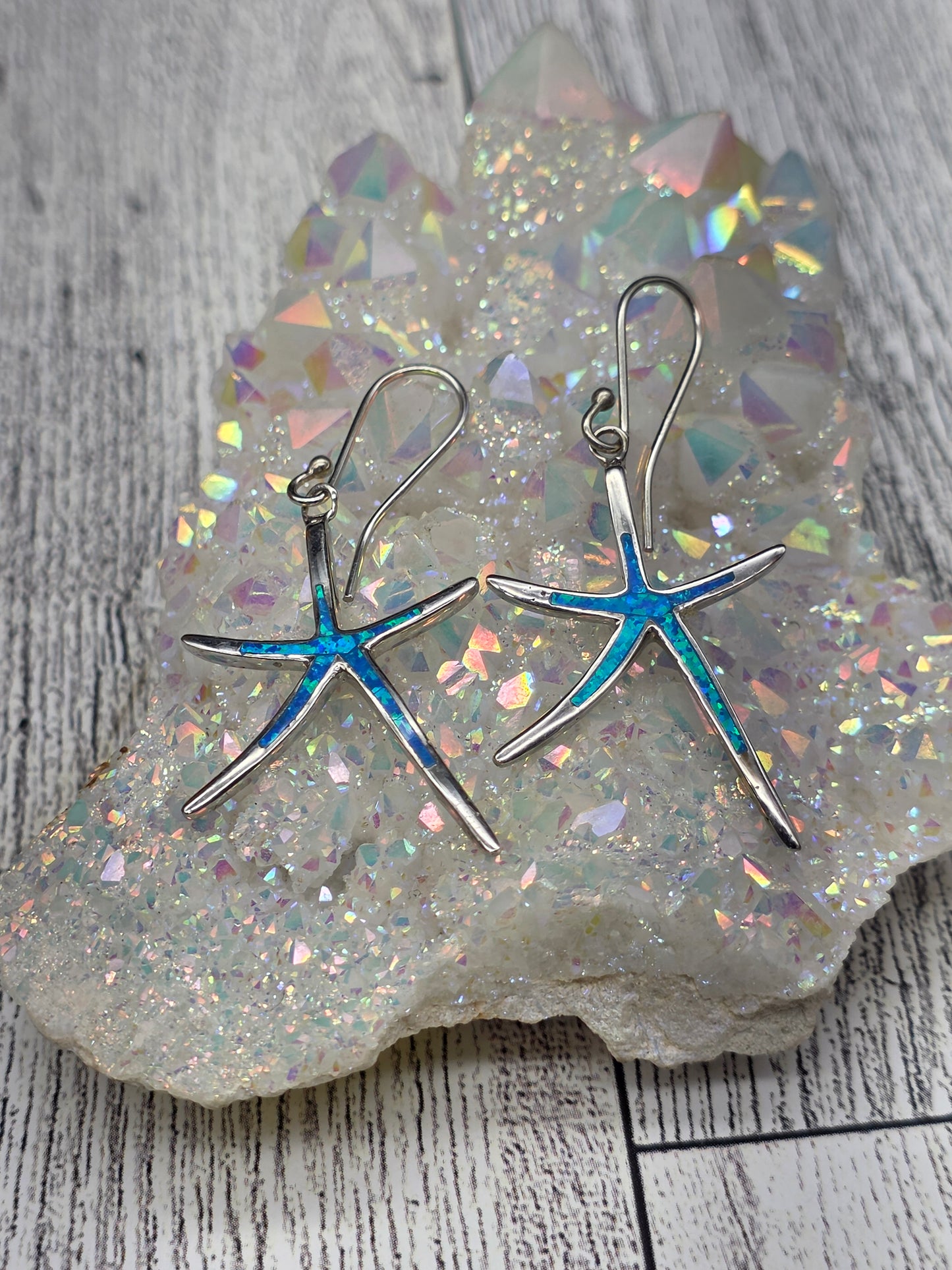 Blue Opal Starfish Hook Earrings
