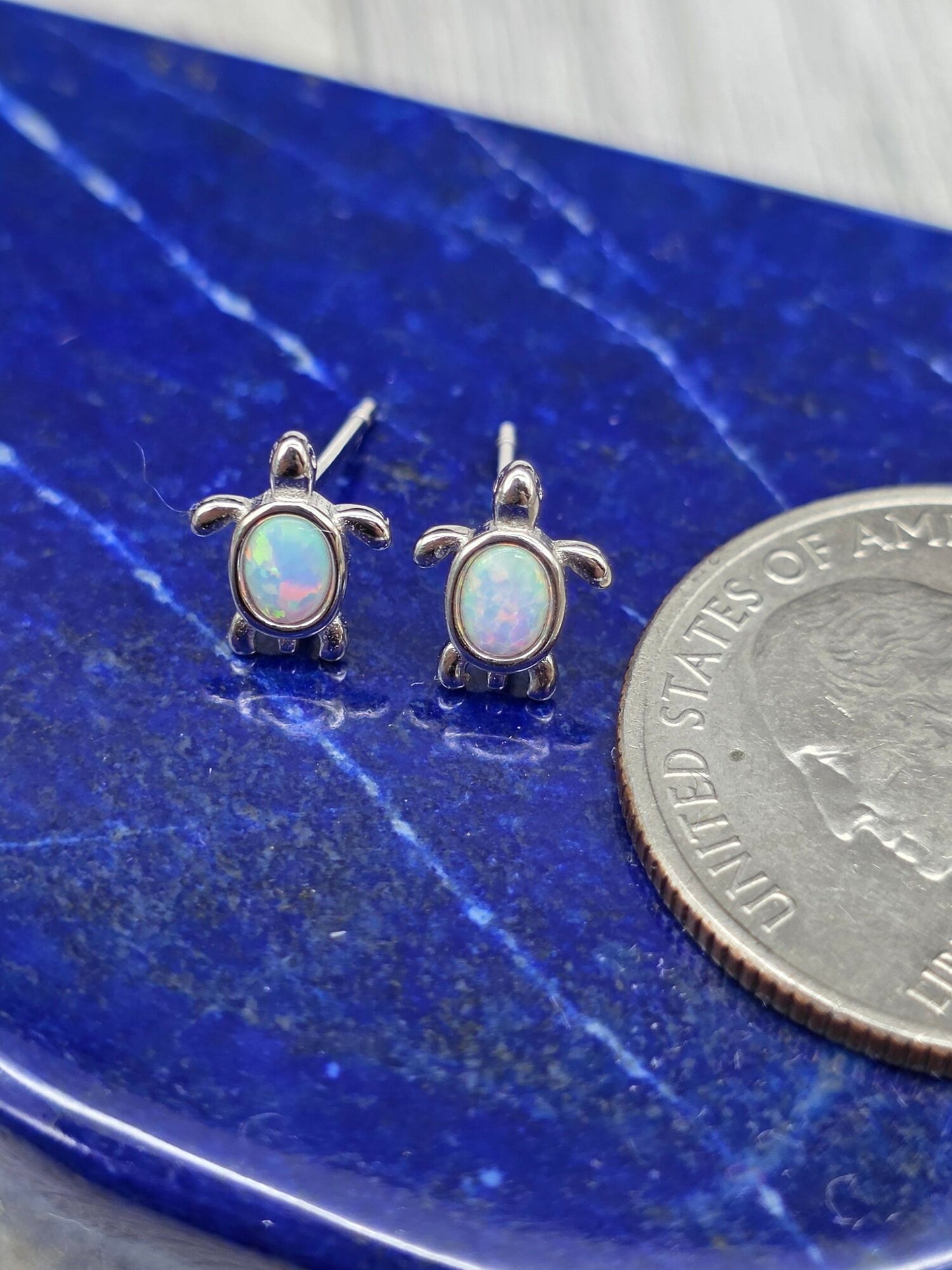 White Opal Turtle Post Earrings - alternate view