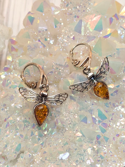 Baltic Amber Bee Hook Earrings