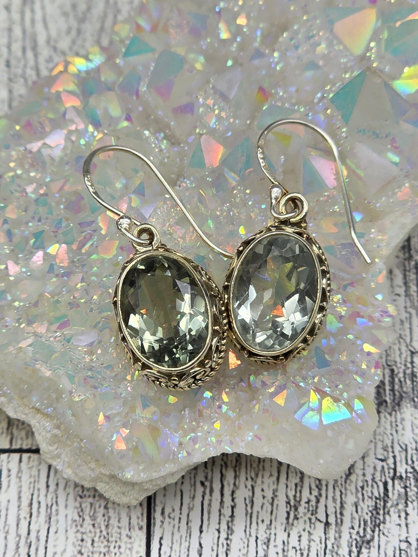 Faceted Prasiolite Green Amethyst Hook Earrings