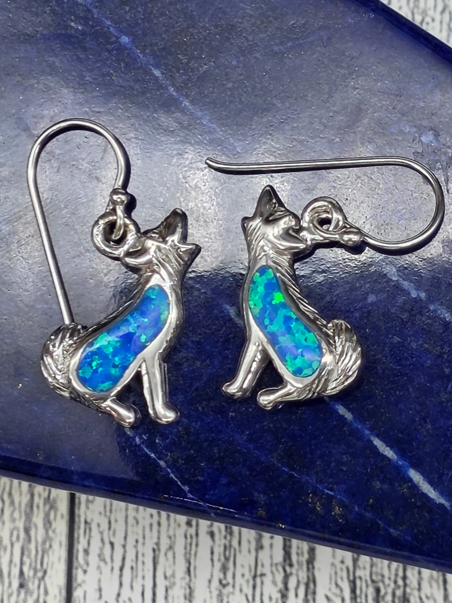 Blue Opal Wolf Hook Earrings
