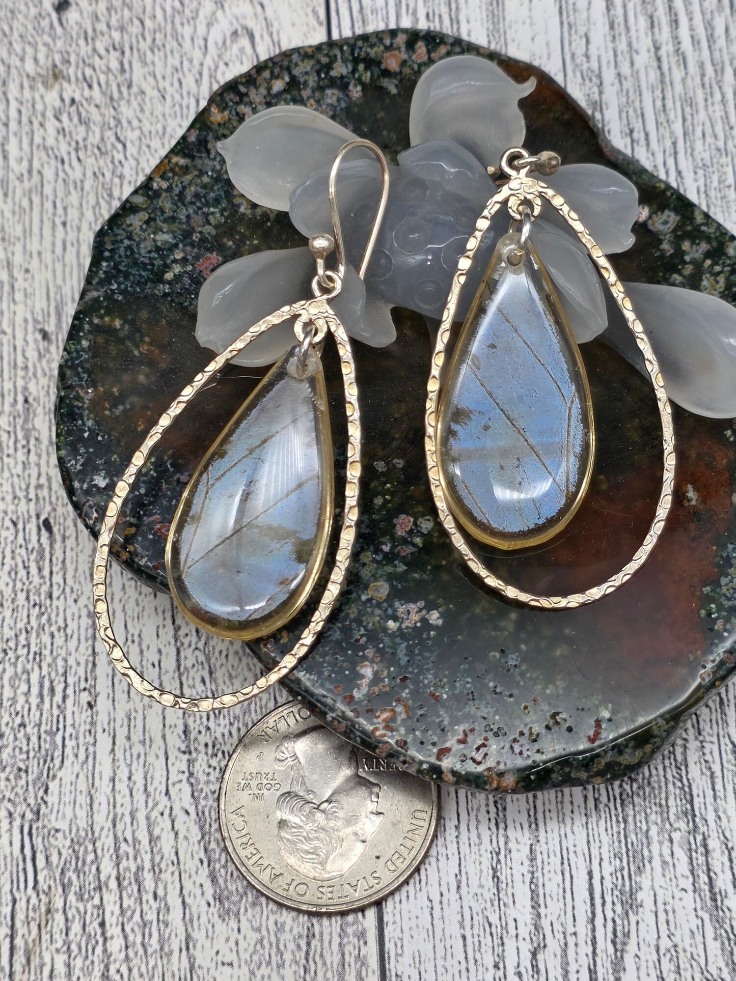 Teardrop Real Butterfly Hook Earrings - alternate view