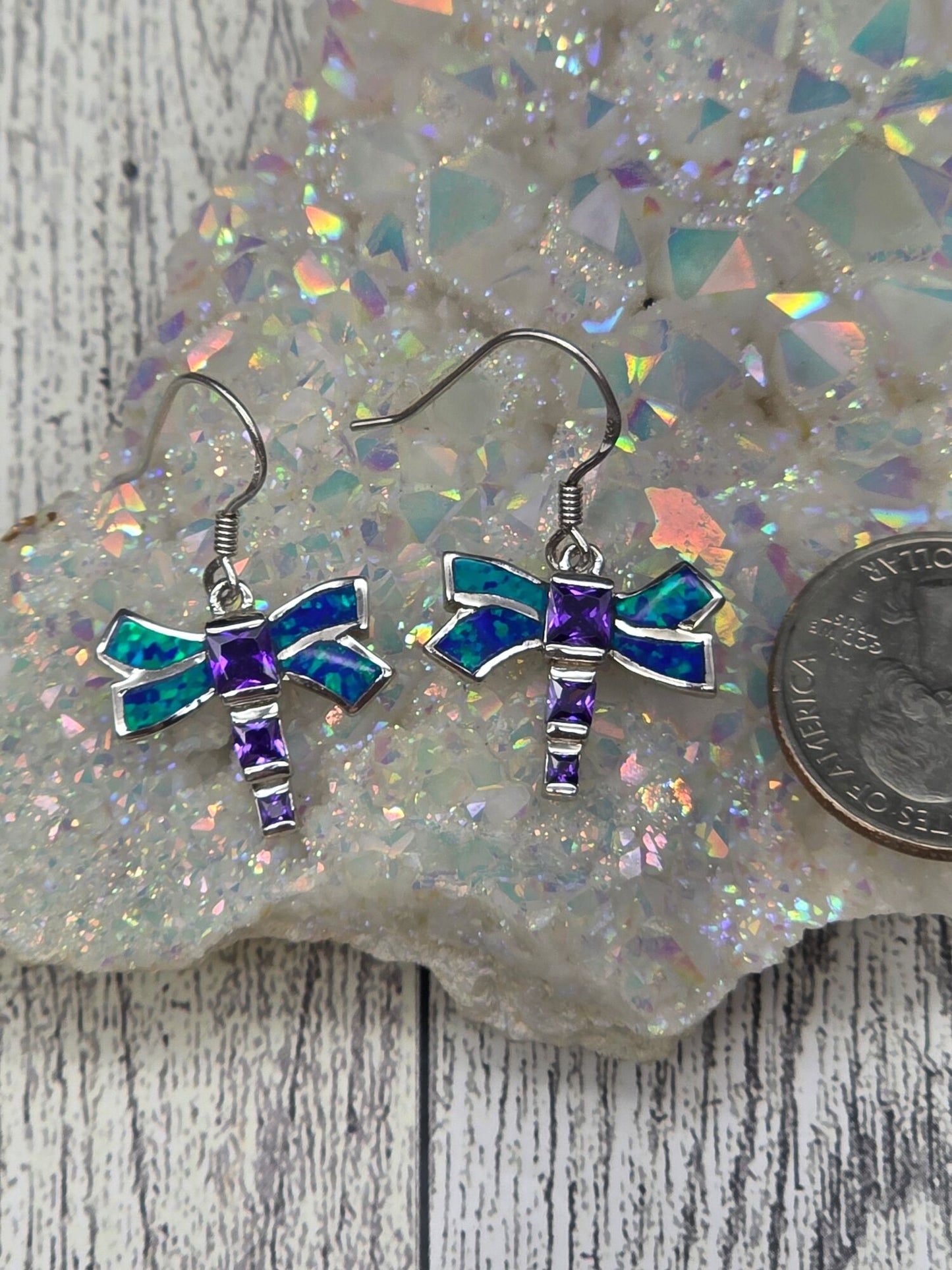 Blue Opal Amethyst Dragonfly Earrings - alternate view