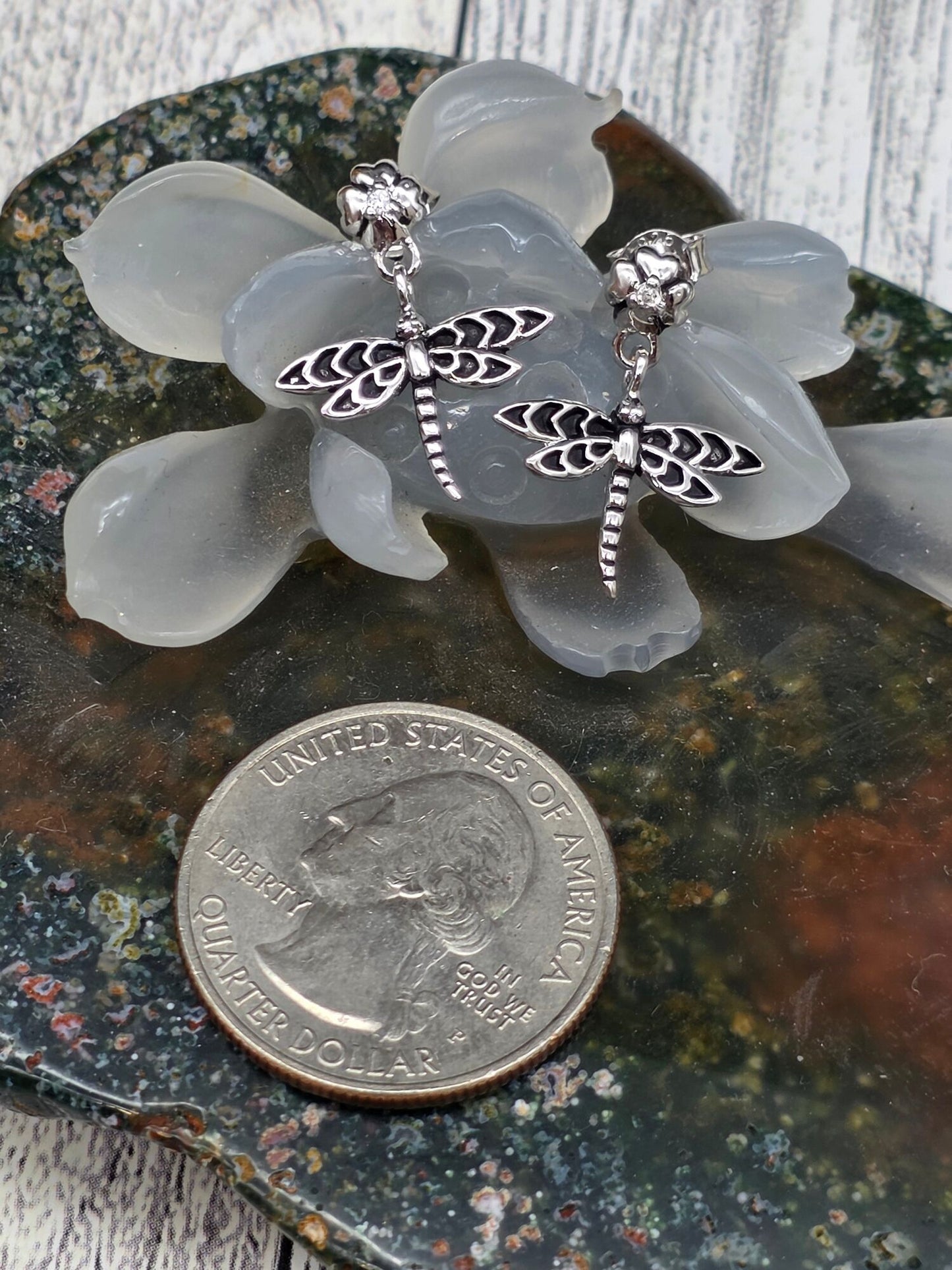 Sterling Silver Dragonfly Post Dangle Earrings - alternate view