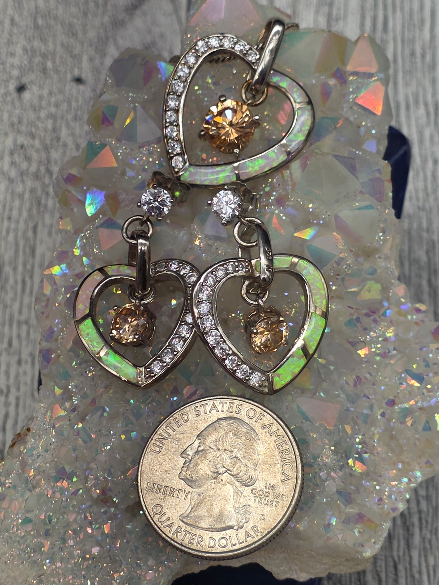 White Opal and Citrine Heart Earring and Pendant Set