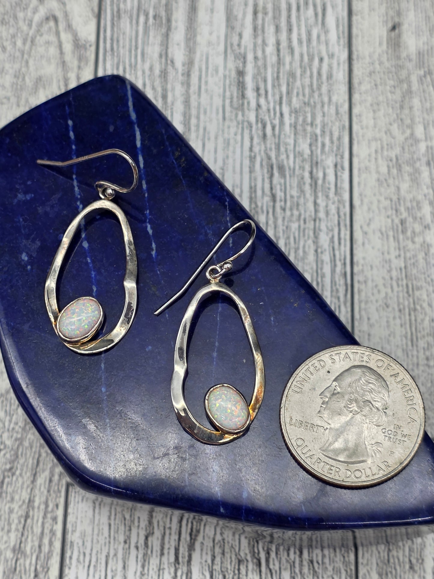 White Opal Oval Hook Earrings