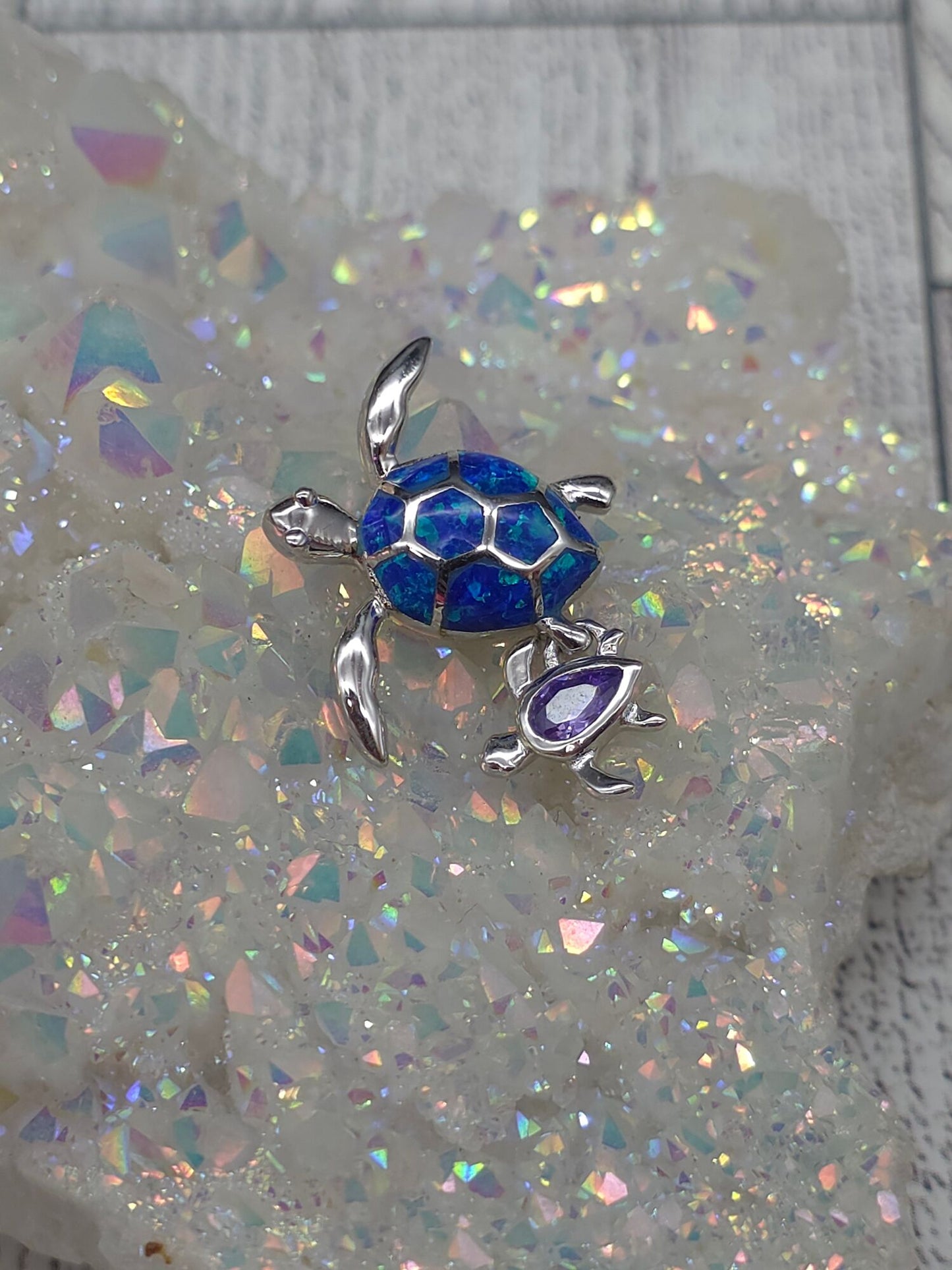 Blue Opal Amethyst Turtle Pendant