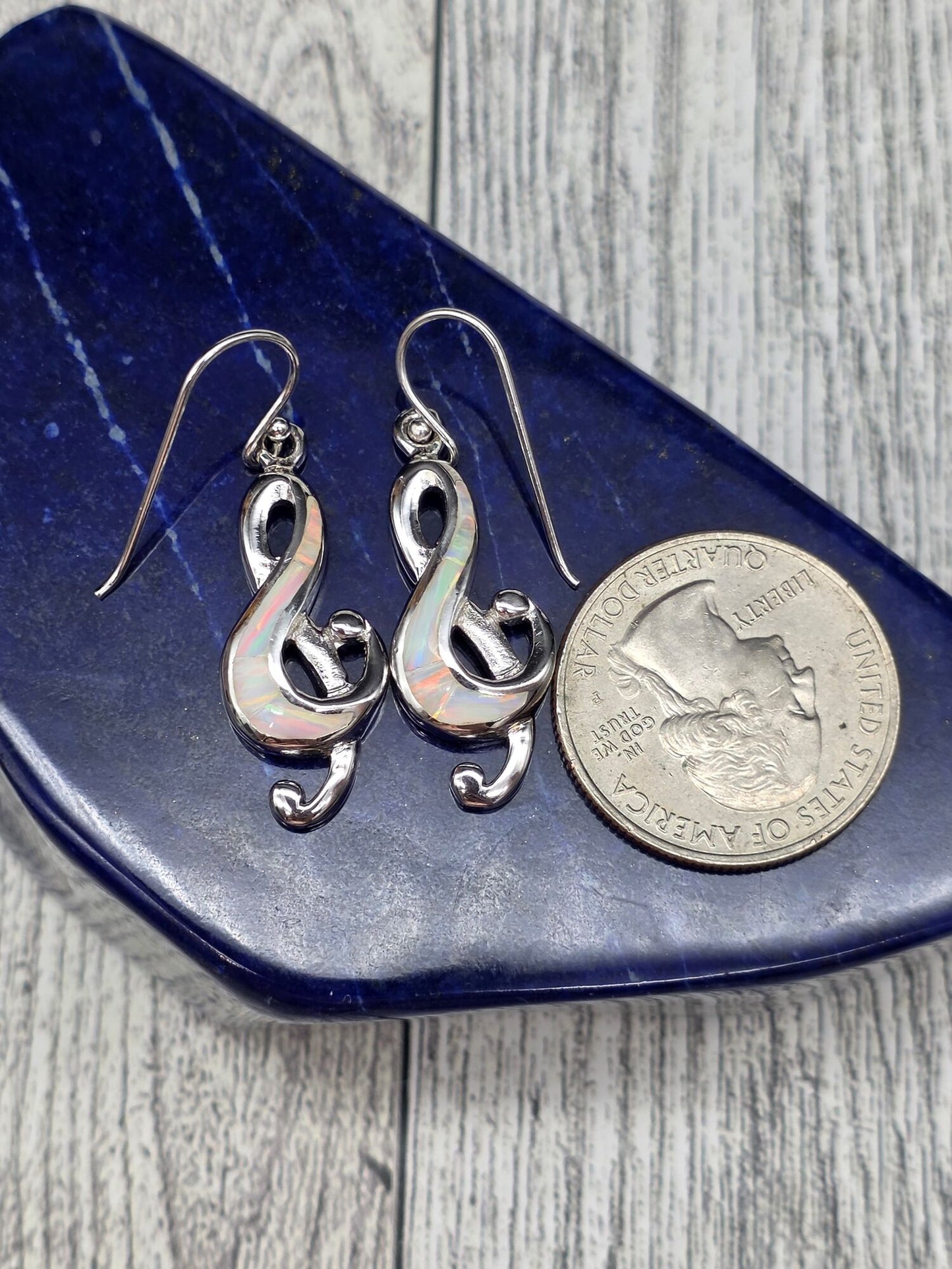 White Opal Treble Clef Hook Earrings - alternate view