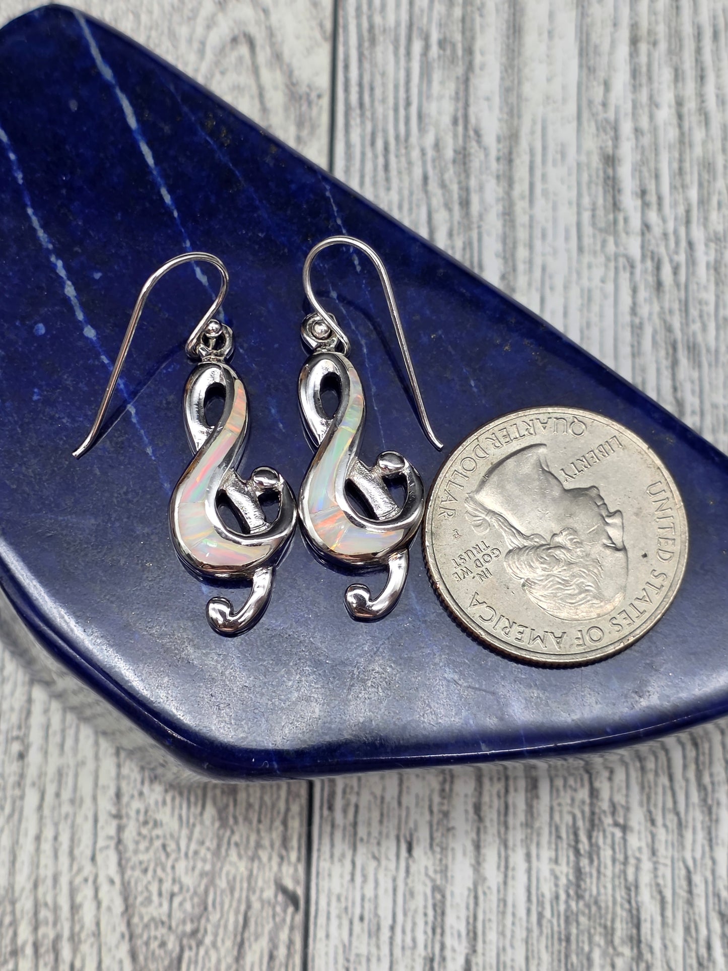 White Opal Treble Clef Hook Earrings