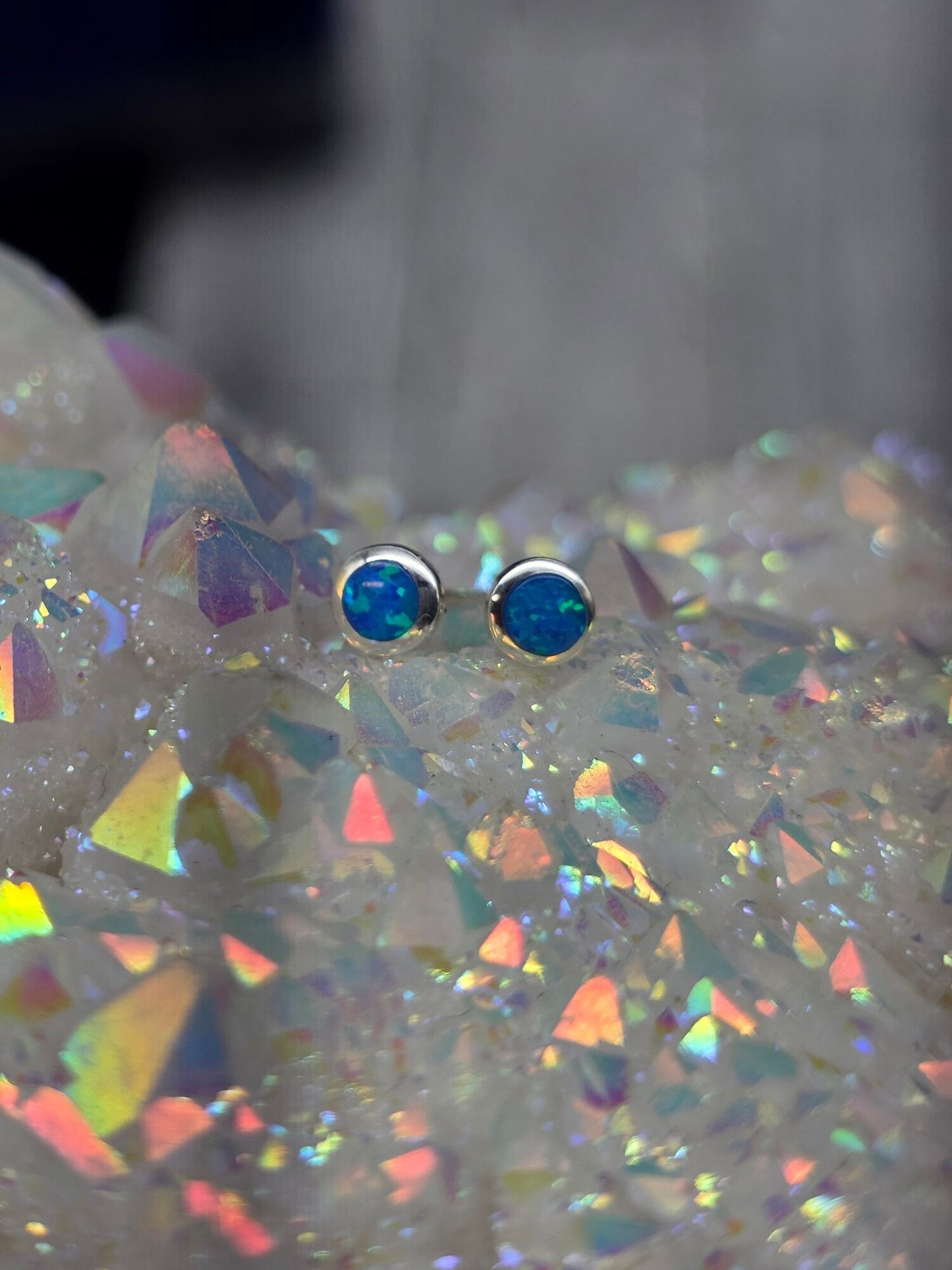 Dainty Blue Opal Post Earrings - alternate view