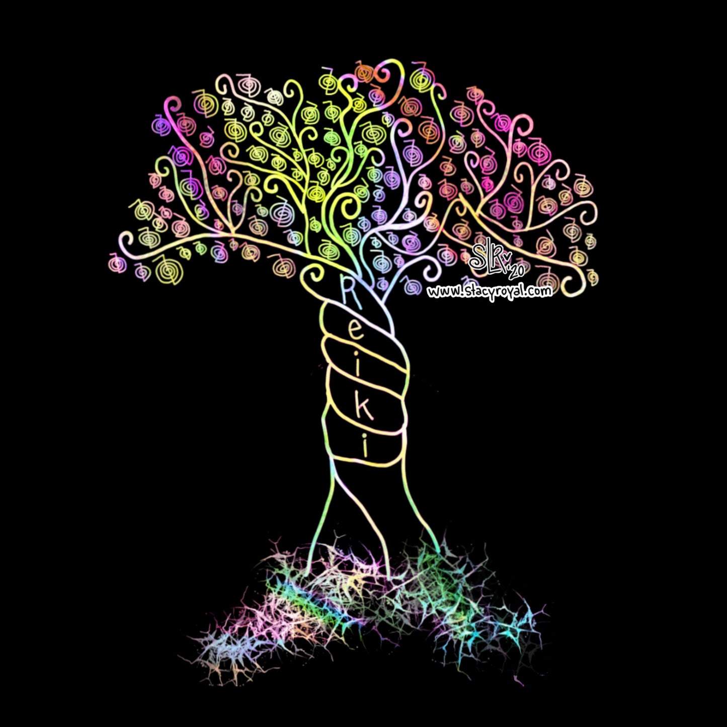 Reiki Tree of Life Sticker Rainbow Cho Ku Rei Leaves on Black Background