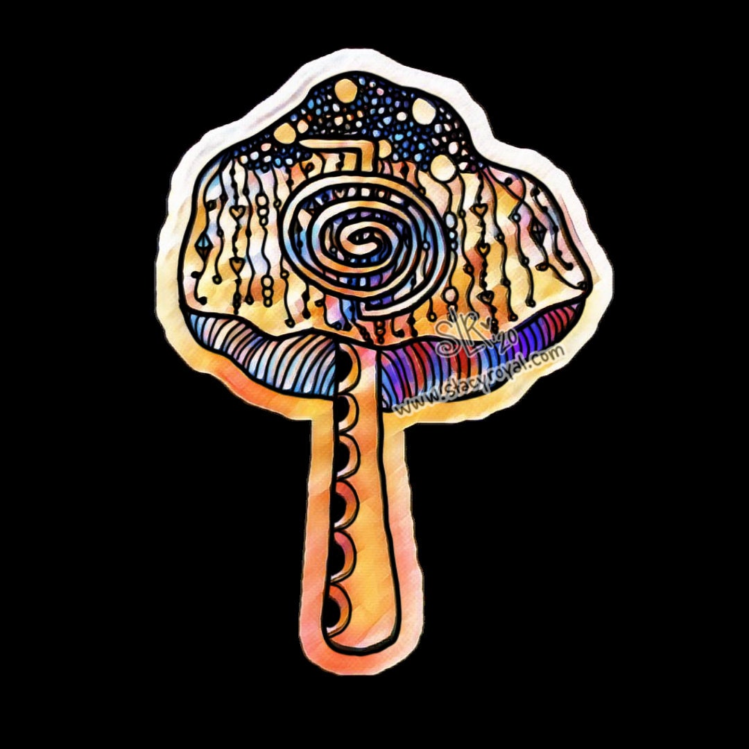 Reiki Mushroom Sticker Zentangle Brown and Blue with Cho Ku Rei