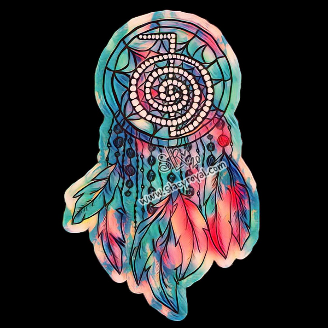 Reiki Dream Catcher Sticker Teal and Red Feathers with Soothing Energy