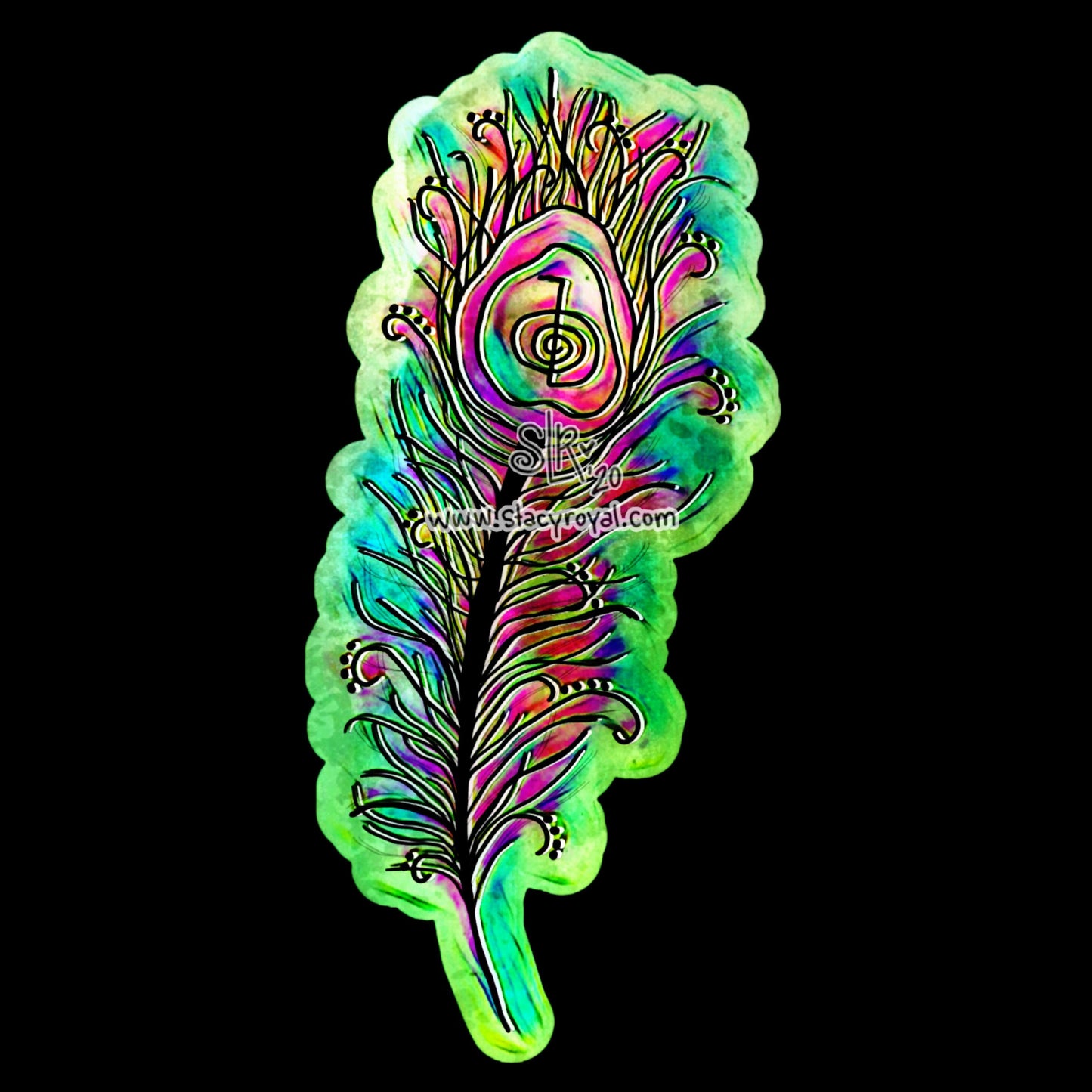Reiki Peacock Feather Sticker Bright Green with Pink and Purple Accents