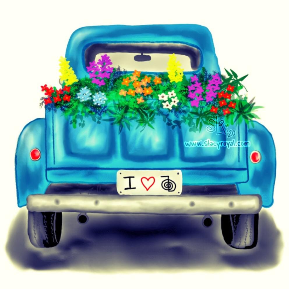 Reiki Art Sticker Vintage Blue Truck with Wildflowers & Cho Ku Rei