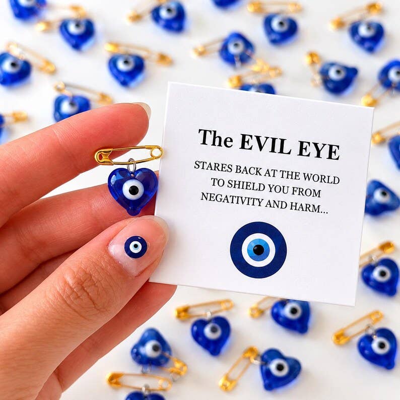 Tiny Glass Evil Eye Heart Safety Pin