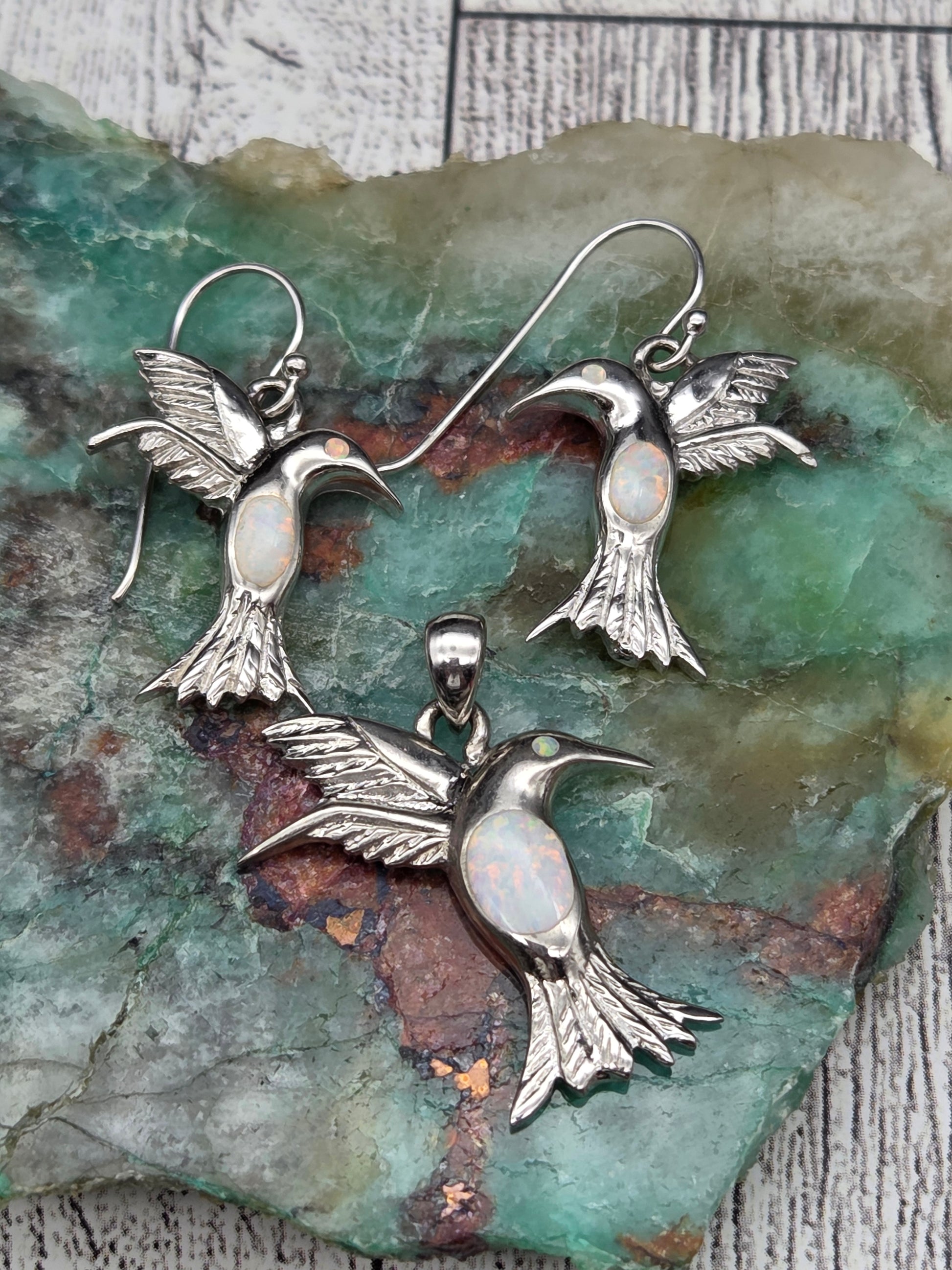 Sterling Silver and Opal Hummingbird Jewelry Set