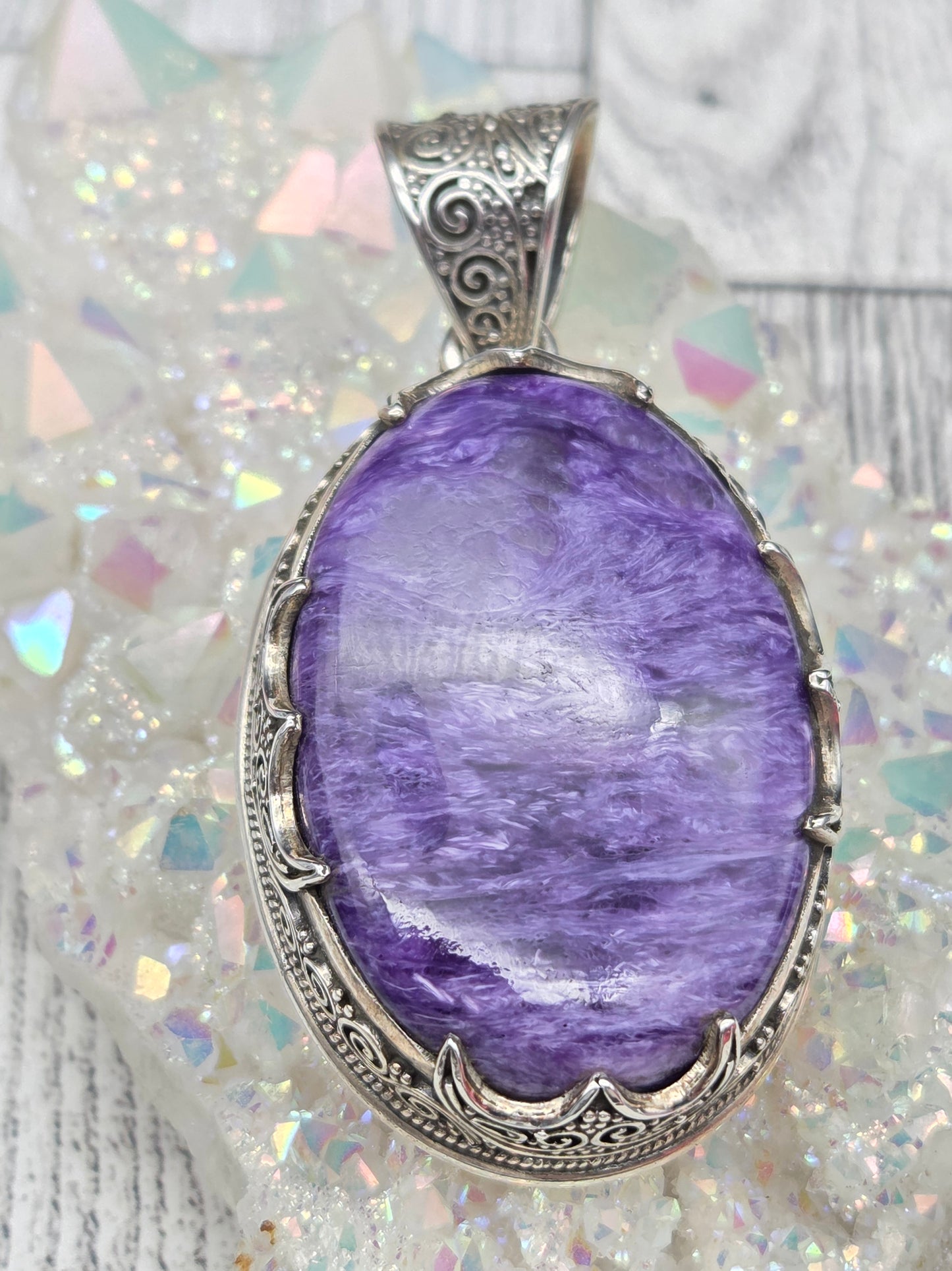 Large charoite and sterling silver pendant