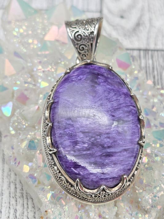 Large charoite and sterling silver pendant