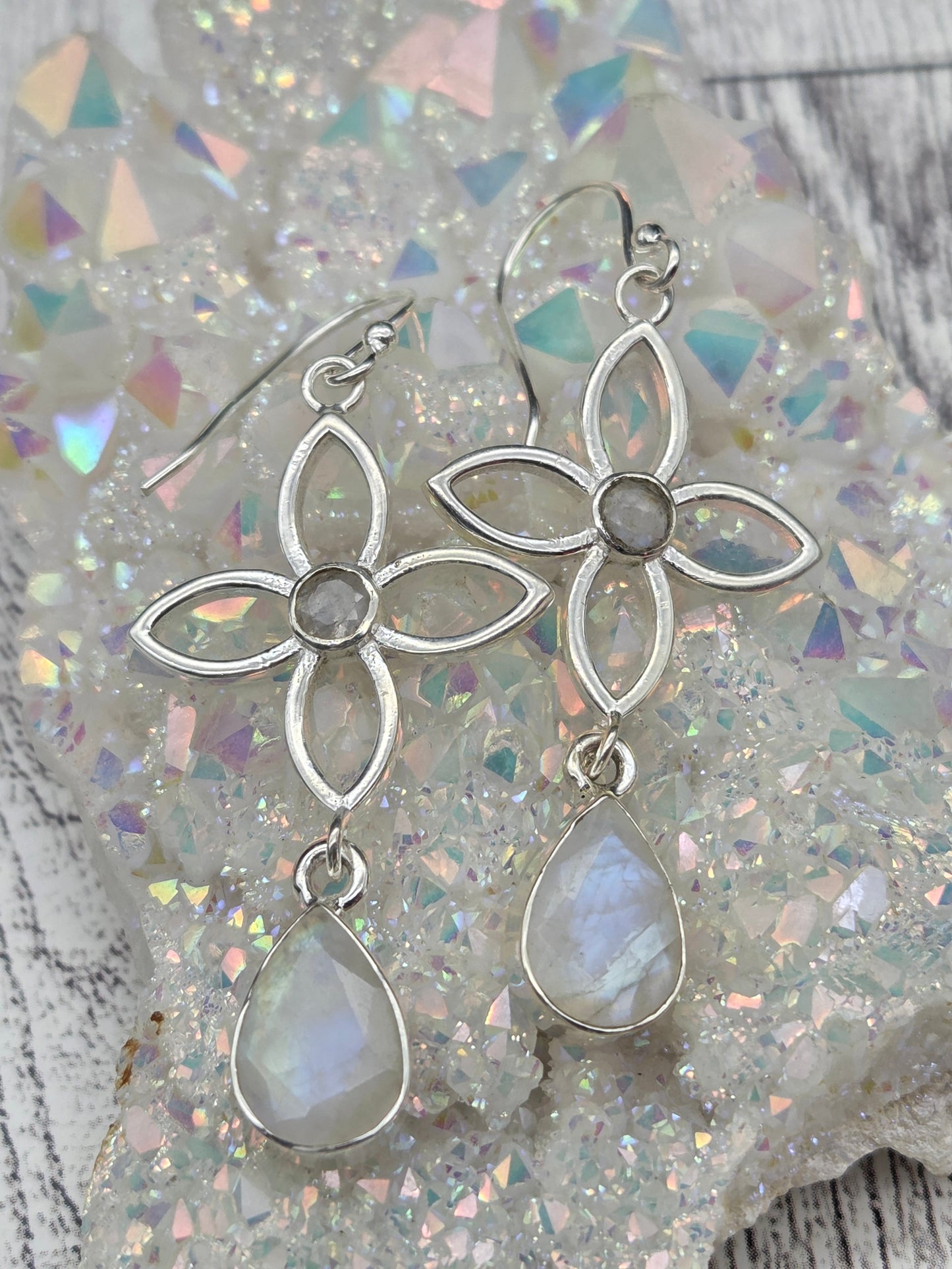 Flower and Gemstone Sterling Silver Earrings - Image 2