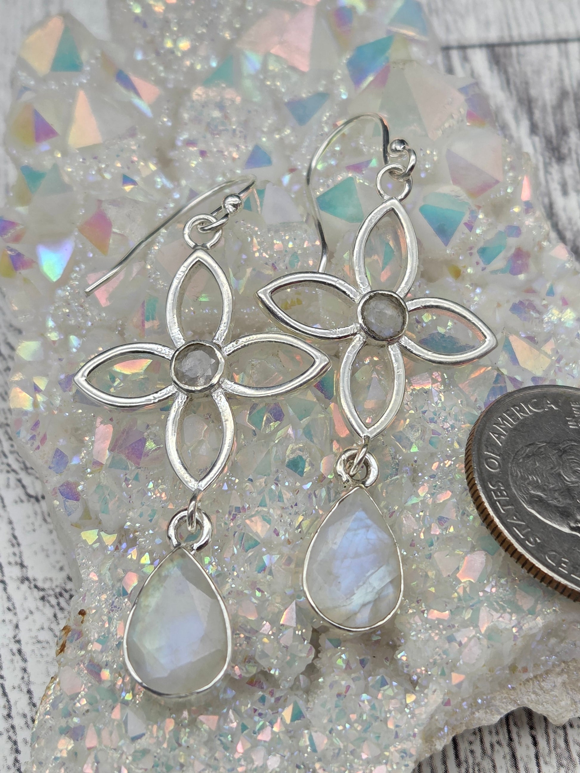 Flower and Gemstone Sterling Silver Earrings - Image 4