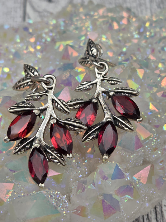 Garnet Stud Earrings in Stirling Silver Branch Design