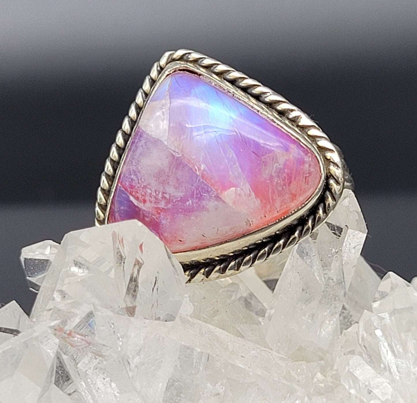 Silver Pink Moonstone Ring Size 11
