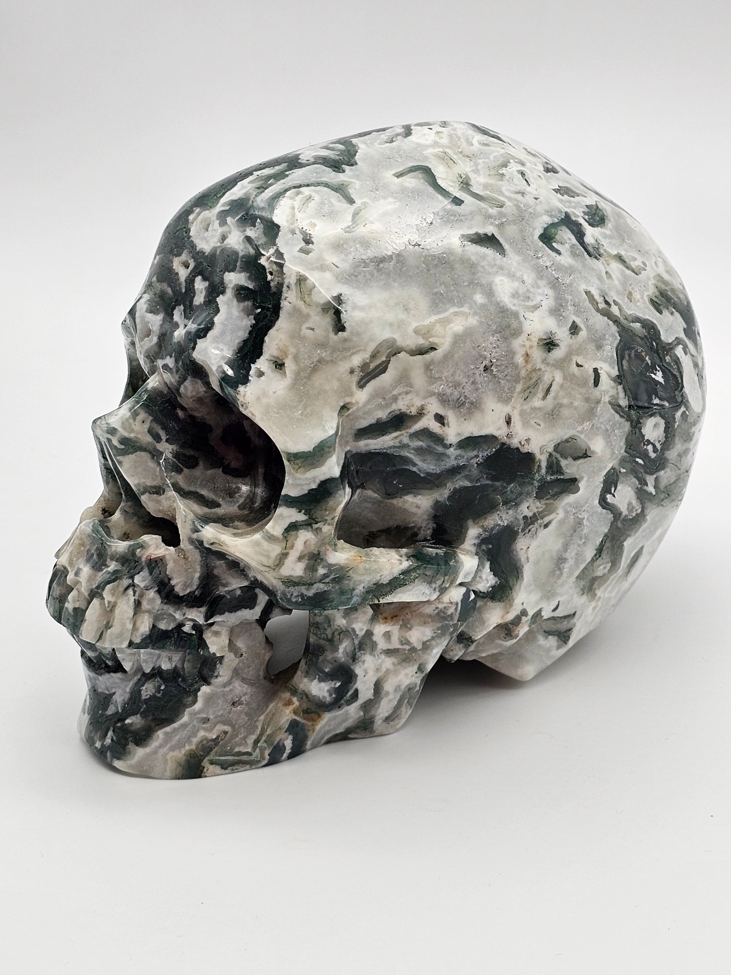 Moss Agate Large Crystal Skull - Deep Ancestral Healing