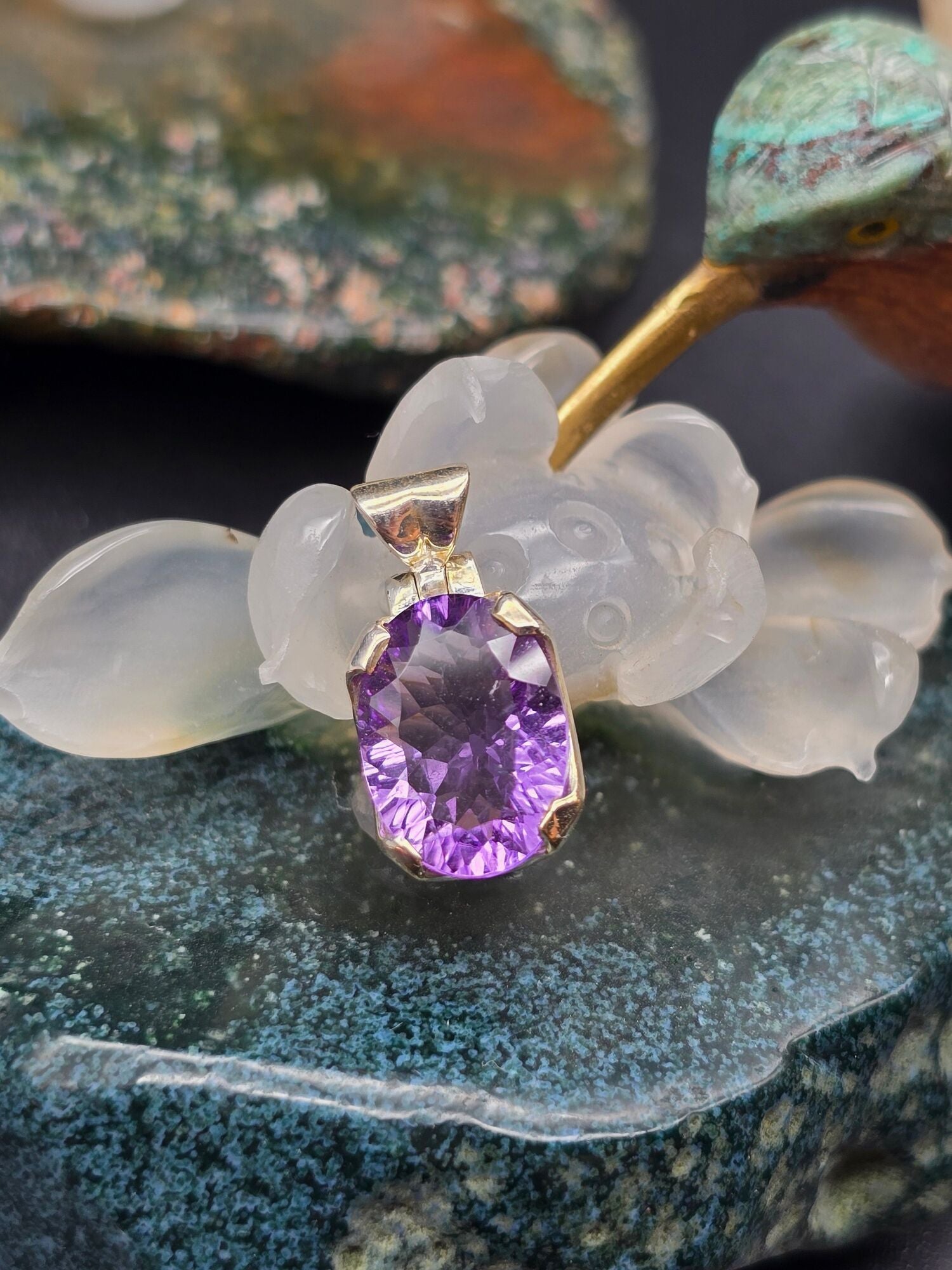 Concave Faceted Amethyst Pendant - detail shot