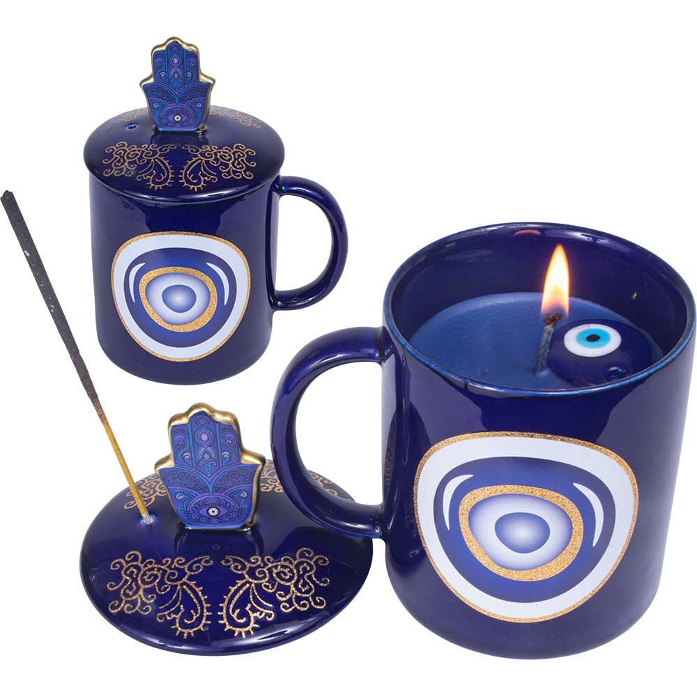 Ceramic Mug Candle & Incense Burner Evil Eye Hamsa