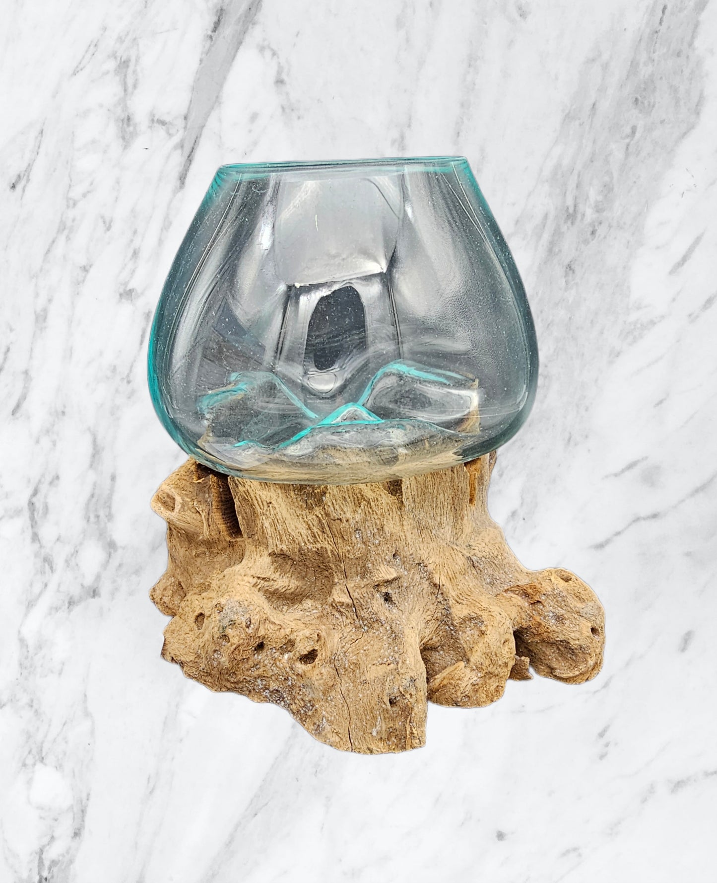 Glass Vase on Teak Wood Base Handmade Artisan Decor