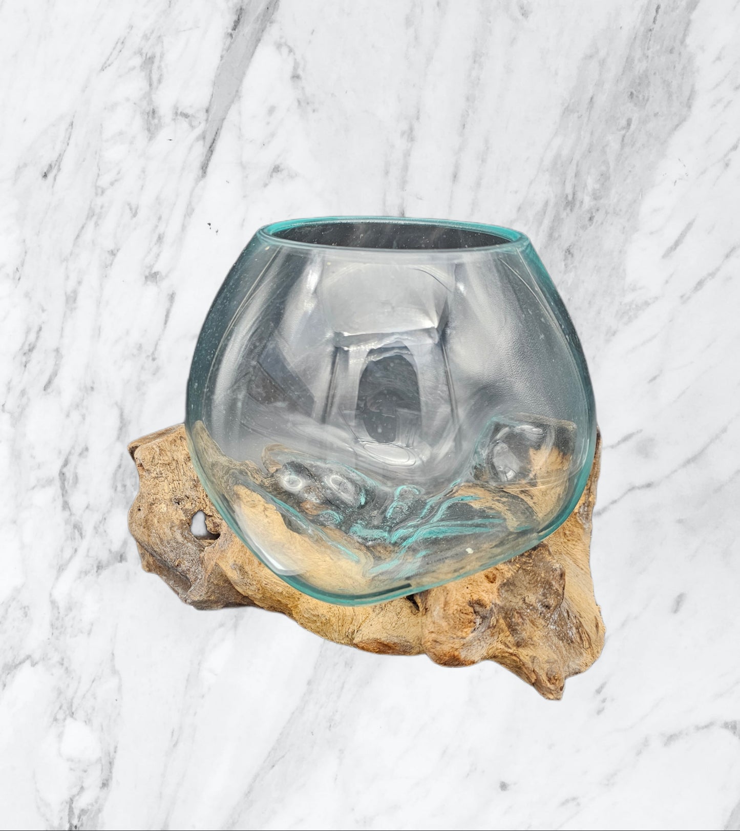 Glass Vase on Teak Wood Base Handmade Artisan Decor