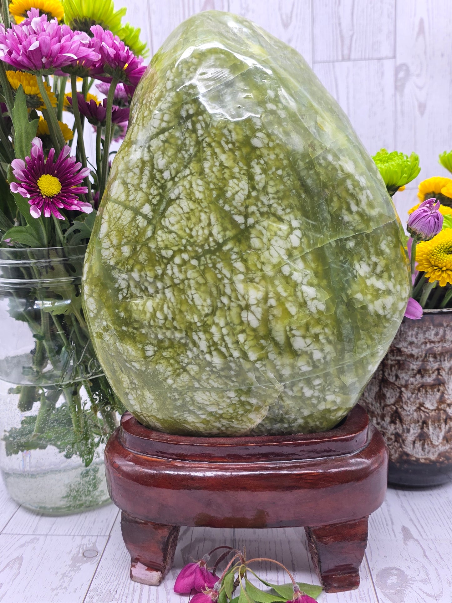 Serpentine Jade Freeform On Wood Stand