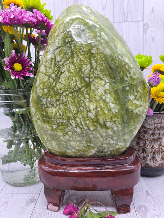 Serpentine Jade Freeform On Wood Stand