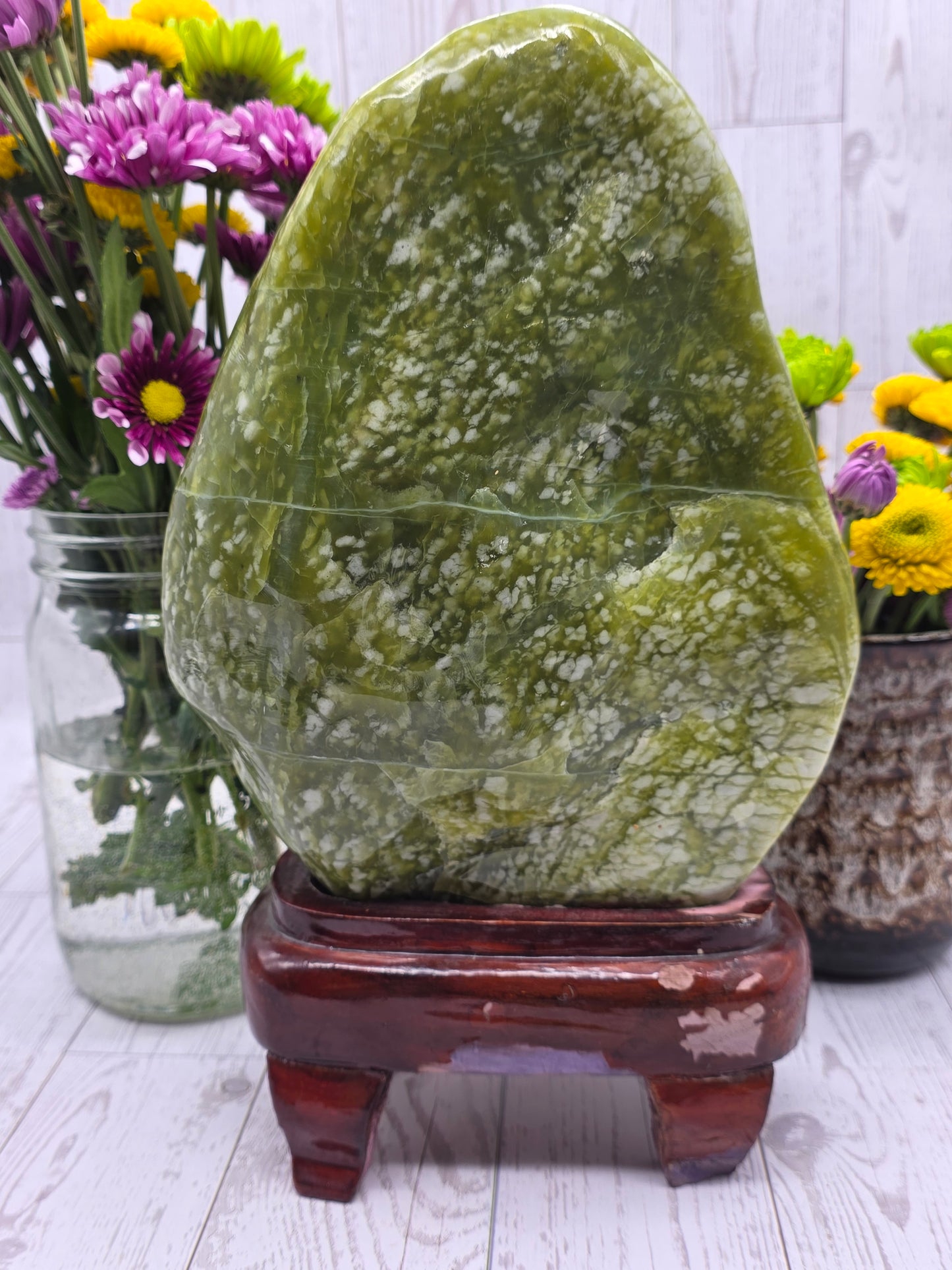 Serpentine Jade Freeform On Wood Stand