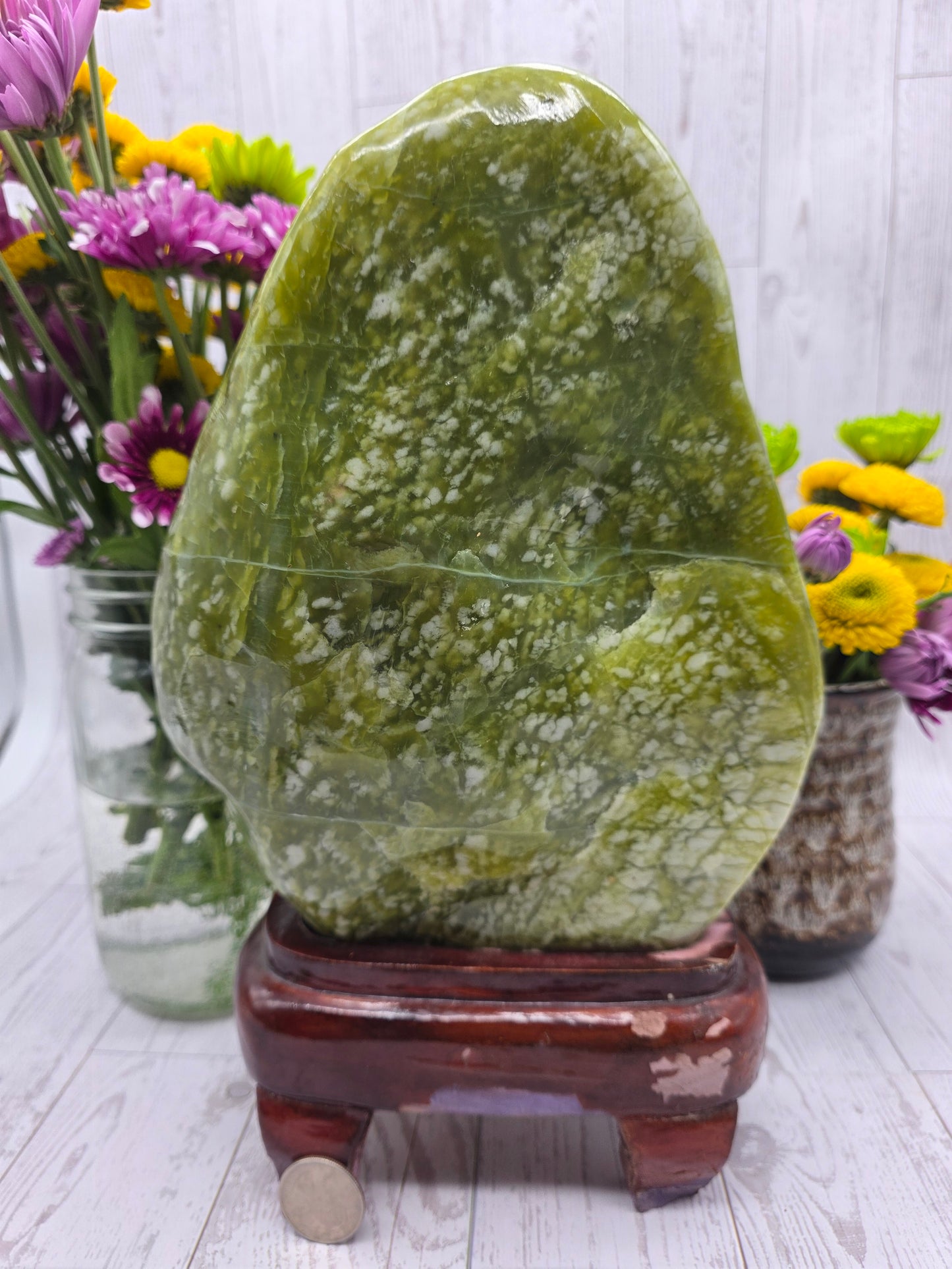Serpentine Jade Freeform On Wood Stand
