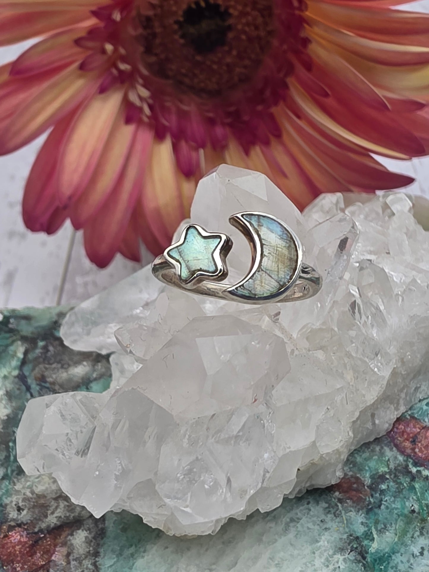 Labradorite Moon And Star Ring